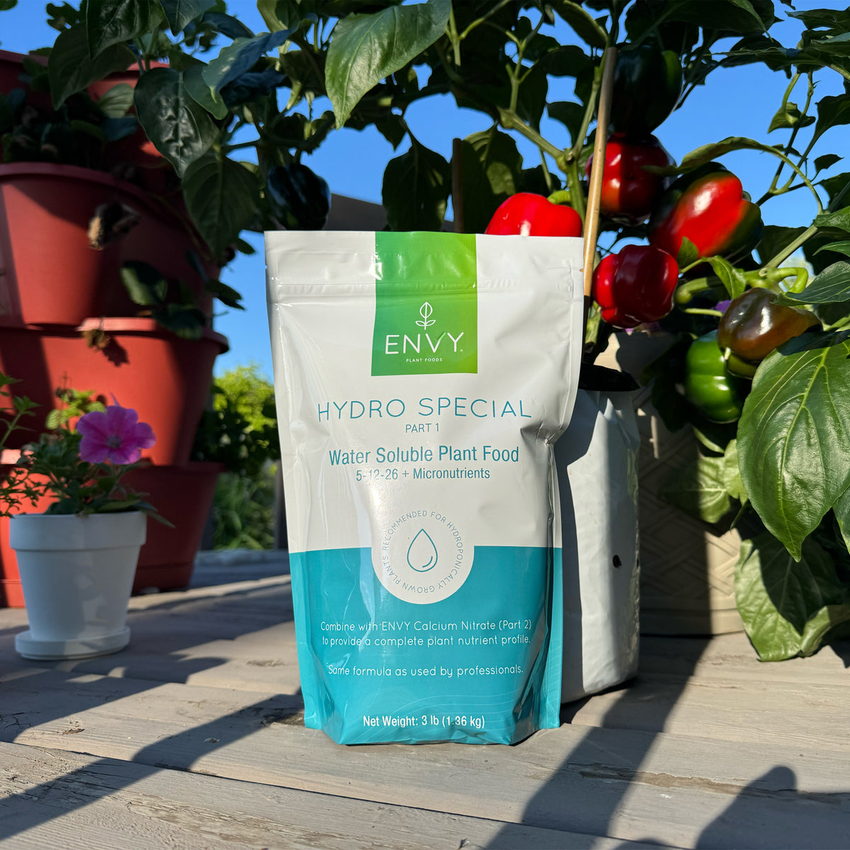 Image showing ENVY Hydro Special Hydroponic Fertilizer in front of pepper plants