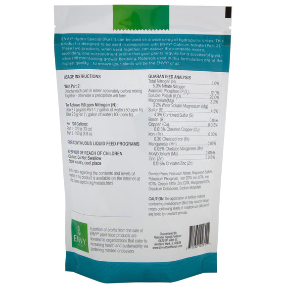 Image for Envy Plant Foods Hydro Special Fertilizer Back Label